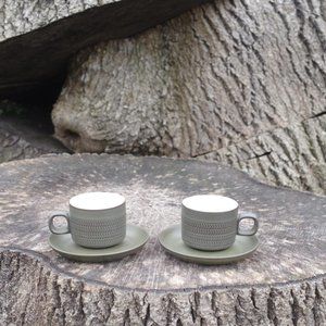 set of two vintage retro 70s Denby green cups and saucers